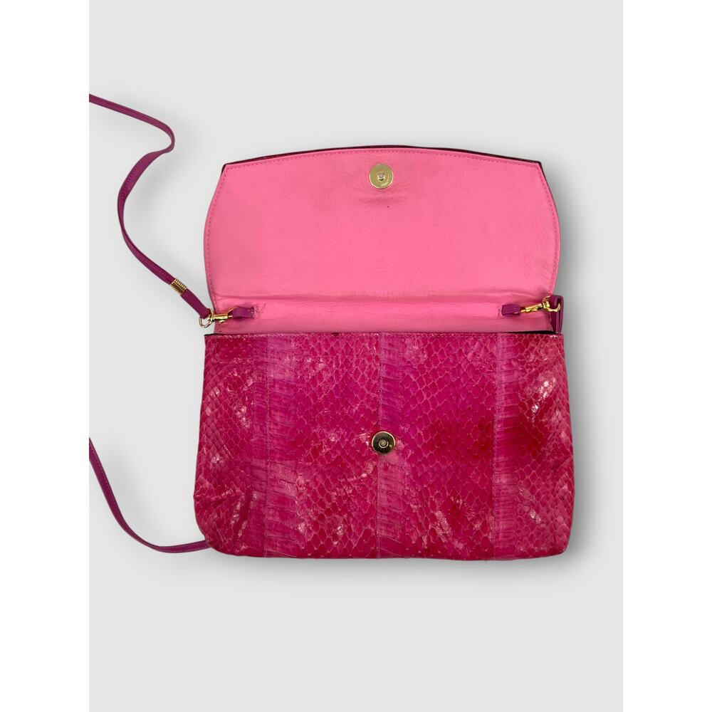 70s Vintage Jasmin Genuine Snakeskin Fuchsia Pink Crossbody Bag Flap Clutch - Picture 3 of 6